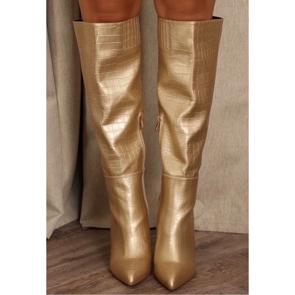 Roksanne Metallic Gold Snake-Embossed Knee-High Boots NWT - Picture 3 of 14